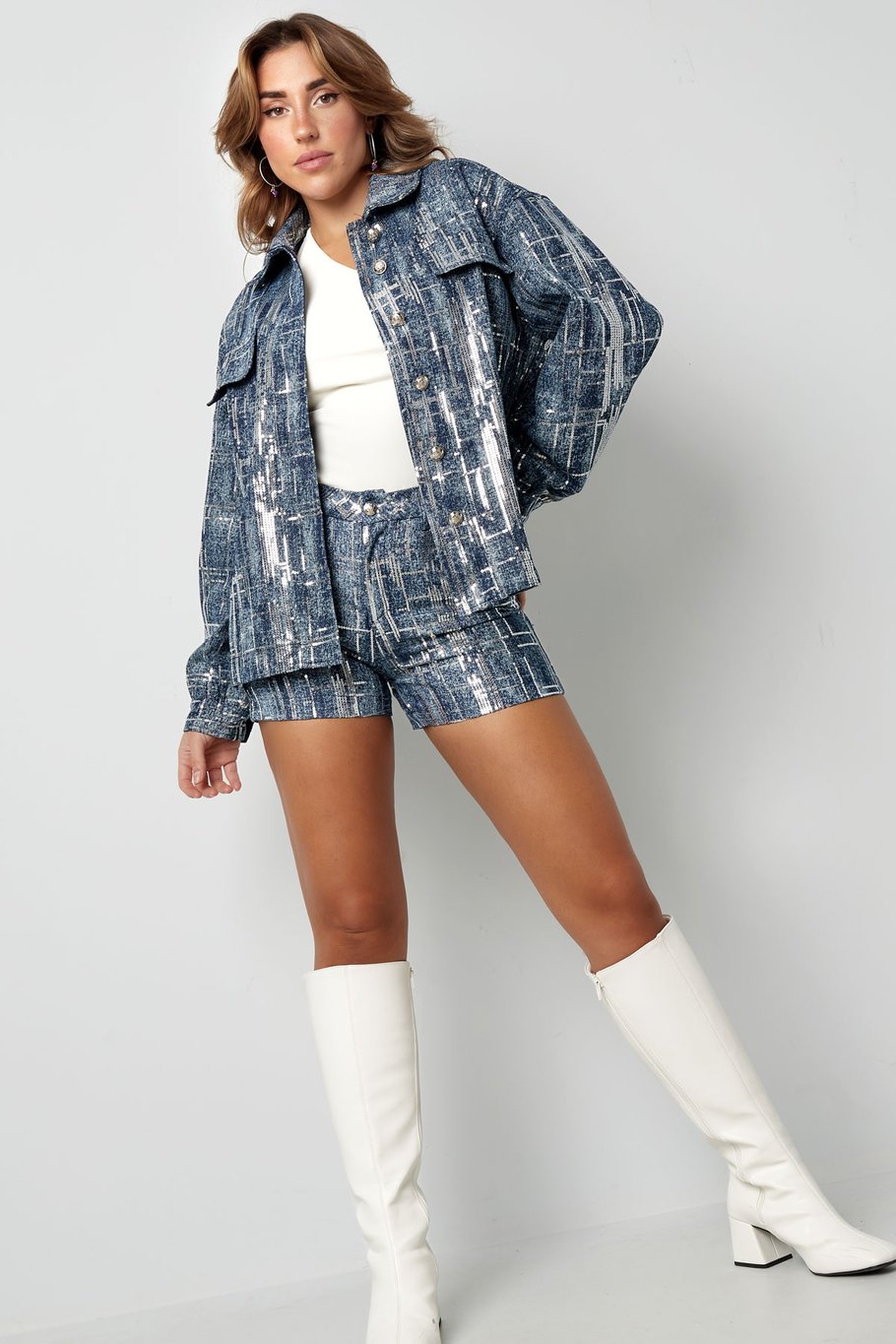 Veste look denim à paillettes - bleu - S Image10
